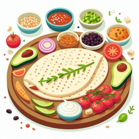 Mexican food. Vector illustration of tortilla with ingredients for tacosのイラスト素材