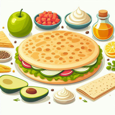 Vector illustration of a healthy breakfast. Flat style. Top view.のイラスト素材