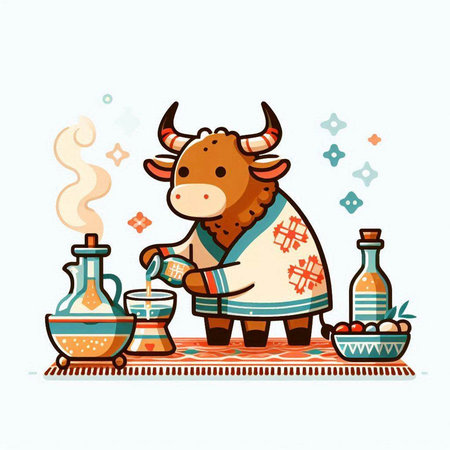 Cute cow with teapot. Vector illustration for your designのイラスト素材
