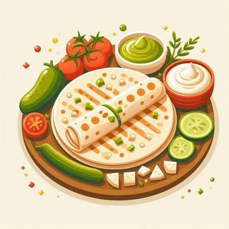 Mexican tortilla with sauce, cucumber, tomato and pepper. Vector illustrationのイラスト素材