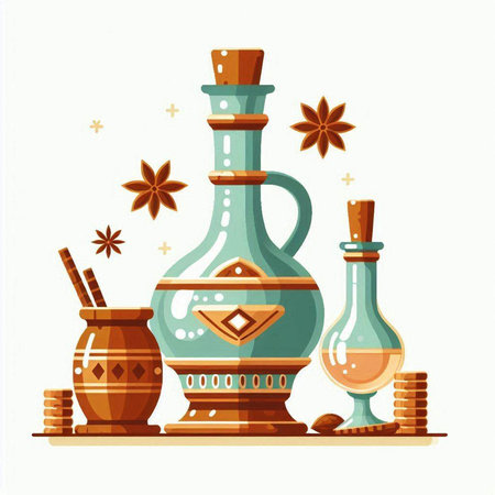 Magic potion bottle with cask of rum, anise, cinnamon, anise. Vector illustration.のイラスト素材