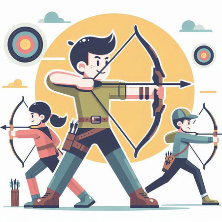 Archery, archery sport, vector flat illustration. Boy with bow and arrow aiming at target.のイラスト素材
