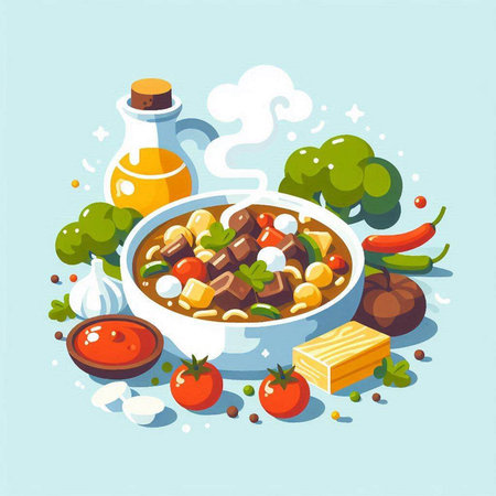 Vector illustration of a bowl of stewed vegetables in a flat style.のイラスト素材