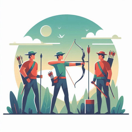 Archery sport vector illustration. Cartoon archers with bows and arrows in the field.のイラスト素材