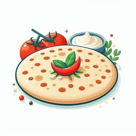 Pizza with tomatoes, sour cream and basil. Vector illustration.のイラスト素材