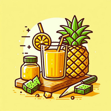Pineapple juice in a glass with a straw and ingredients. Vector illustrationのイラスト素材