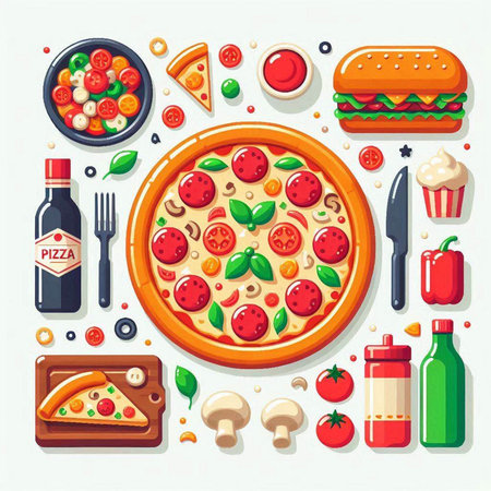 Pizza food icons set in flat style. Top view of pizza vector illustration.のイラスト素材