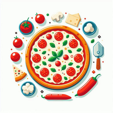 Pizza with ingredients for cooking. Vector illustration in flat style.のイラスト素材