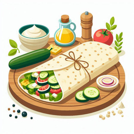 Vector illustration of a tortilla with cucumber, tomato, onion and mayonnaiseのイラスト素材