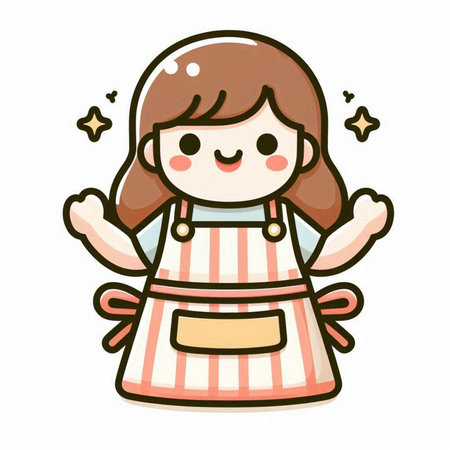 Illustration of a cute little girl wearing apron and smiling.のイラスト素材