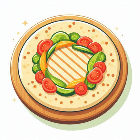 Illustration of a plate of pizza with cheese, tomato and basilのイラスト素材