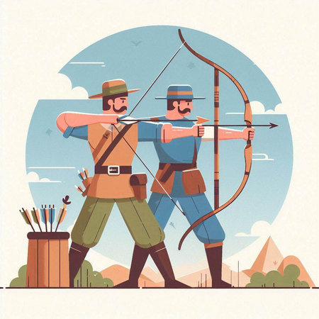 Vector illustration of two archers aiming at the target with bow and arrowのイラスト素材