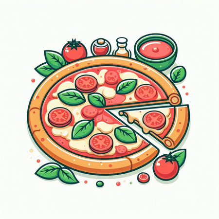 Pizza with tomato, mozzarella and basil. Vector illustration.のイラスト素材