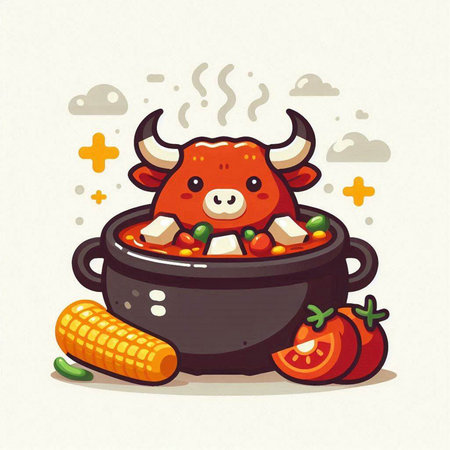 Illustration of a Cute Red Cow in a Pot of Vegetable Soupのイラスト素材