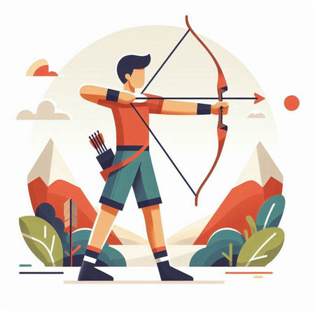 Archery sport vector illustration. Cartoon archer man with bow and arrow on nature background.のイラスト素材