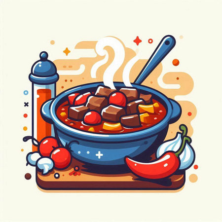 Vector illustration of a bowl of beef stew with vegetables and spices.のイラスト素材