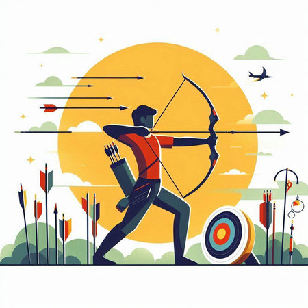 Archery man with bow and arrow. Vector illustration in retro style.のイラスト素材