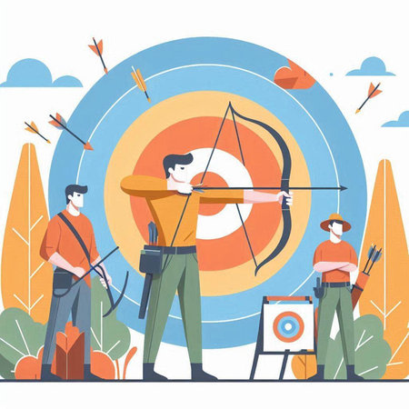 Archery concept vector illustration. Cartoon flat man character with bow and arrow in target.のイラスト素材