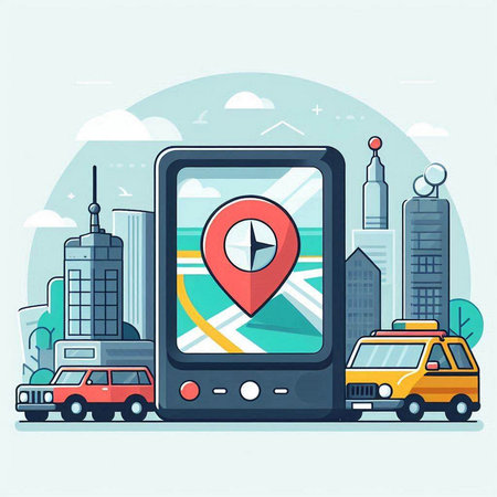 Vector illustration in flat style with city map navigation and taxi car.のイラスト素材
