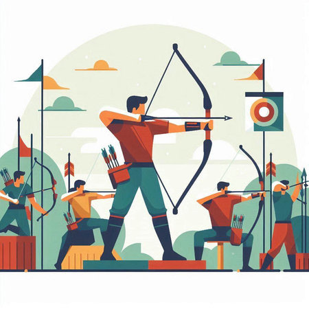 Archery competition flat vector illustration. Cartoon archery player with bow and arrow.のイラスト素材