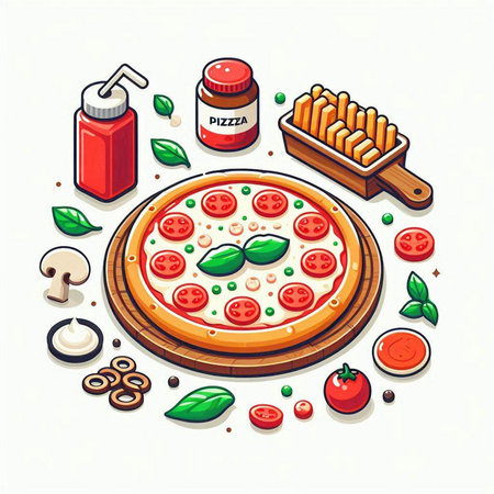 Pizza and ingredients for cooking. Vector illustration in cartoon style.のイラスト素材