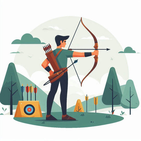 Archery sport. Man with bow and arrow in the forest. Flat vector illustration.のイラスト素材