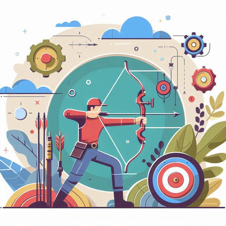 Archery. Flat vector illustration of a man with arrow in his hand.のイラスト素材