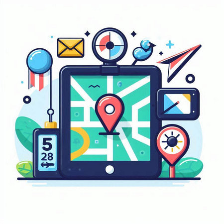 GPS navigation vector illustration. Smartphone with gps navigator and city map on screen.のイラスト素材