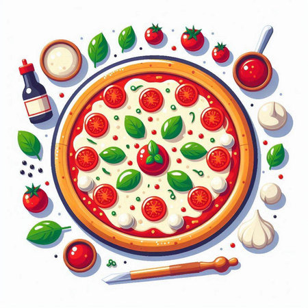 Pizza with mozzarella, tomato and basil. Vector illustrationのイラスト素材