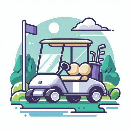 Golf cart on the golf course. Flat style vector illustration.のイラスト素材