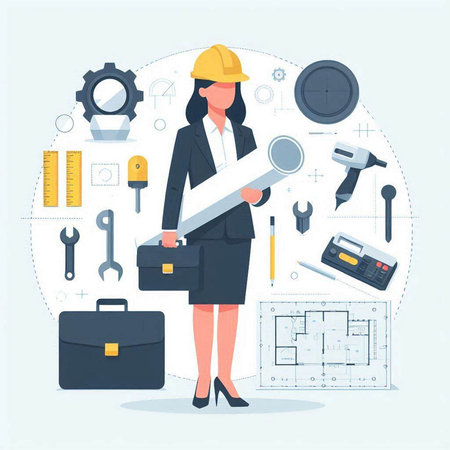 Architect woman with blueprint and tools. Vector illustration in flat styleのイラスト素材