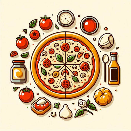 Vector illustration of pizza with tomato, mozzarella, basil, pepper, olives, mushrooms, olive oil and spicesのイラスト素材