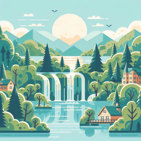 Landscape with waterfalls, forest and houses. Vector illustration.のイラスト素材