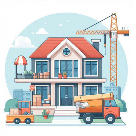 Vector illustration of a house with a crane and a truck on the background of the cityのイラスト素材