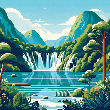 Waterfall in the mountains. Vector illustration in a flat style.のイラスト素材
