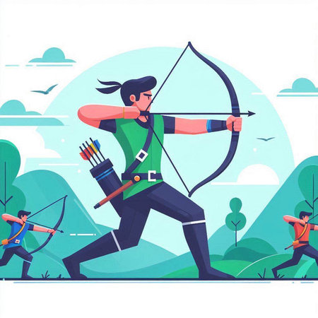 Archery sport concept vector illustration. Cartoon man archer with bow and arrow in forest landscape flat style design.のイラスト素材