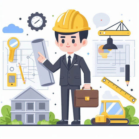 Architect with construction tools and equipment. Vector illustration in flat styleのイラスト素材