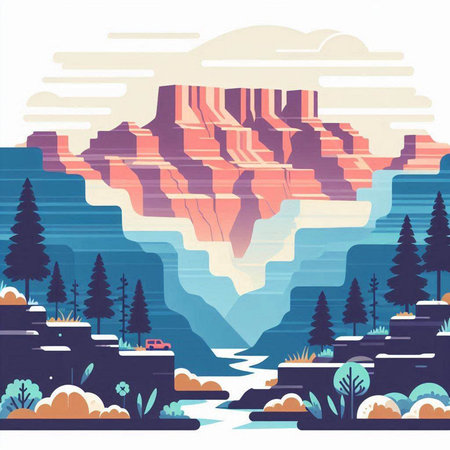 Mountains and river, vector illustration in flat style. Landscape with mountains and river.のイラスト素材