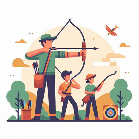 Archery sport flat vector illustration. Cartoon man with bow and arrow, archer and boy with bow and arrow on nature backgroundのイラスト素材