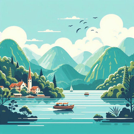 Landscape of the lake with mountains, houses and boats. Vector illustration.のイラスト素材