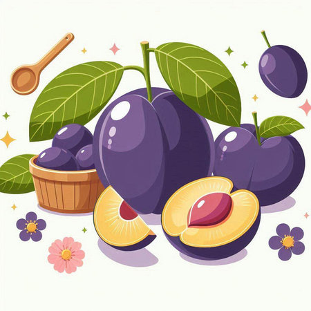 Plum fruits and leaves. Vector illustration of a ripe plum.のイラスト素材