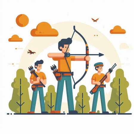 Archery sport vector illustration. Flat cartoon character of man with bow and arrow shooting at target with arrows in nature.のイラスト素材
