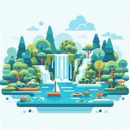 Flat style vector illustration of beautiful landscape with waterfall, lake, trees and boatのイラスト素材