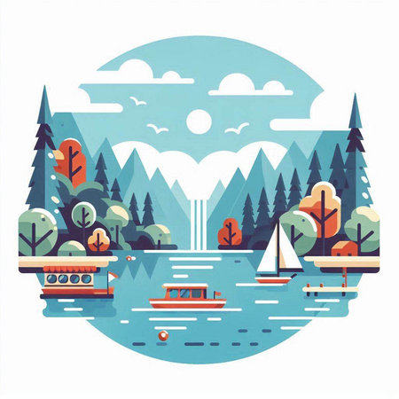 Landscape with lake, forest and boats. Vector illustration in flat styleのイラスト素材