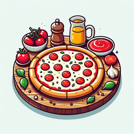 Pizza with tomato and mozzarella cheese. Vector illustration.のイラスト素材