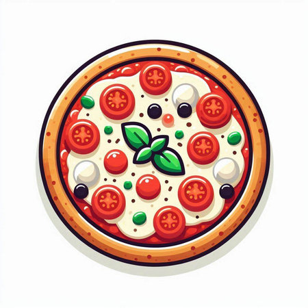 Pizza character with tomato, mozzarella and basil. Vector illustration.のイラスト素材
