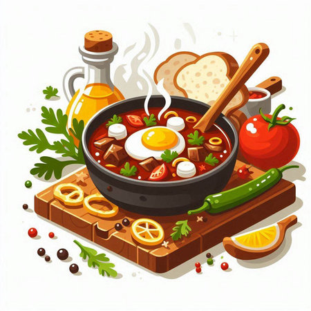 Illustration of a bowl of soup with fried eggs, vegetables and spicesのイラスト素材