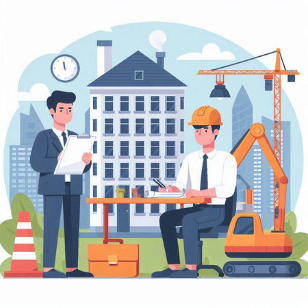 Architect and engineer working on construction site. Vector illustration in flat styleのイラスト素材