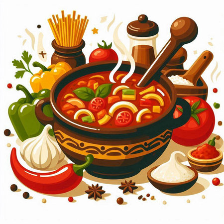 Cartoon vector illustration of a bowl of soup with ingredients and spicesのイラスト素材