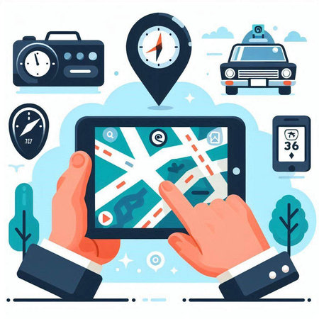 Hands holding tablet with map and navigation icons. Vector illustration in flat styleのイラスト素材